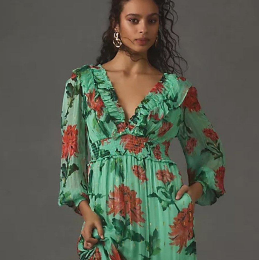 By Anthropologie Odetta Ruffled V-Neck Midi Dress